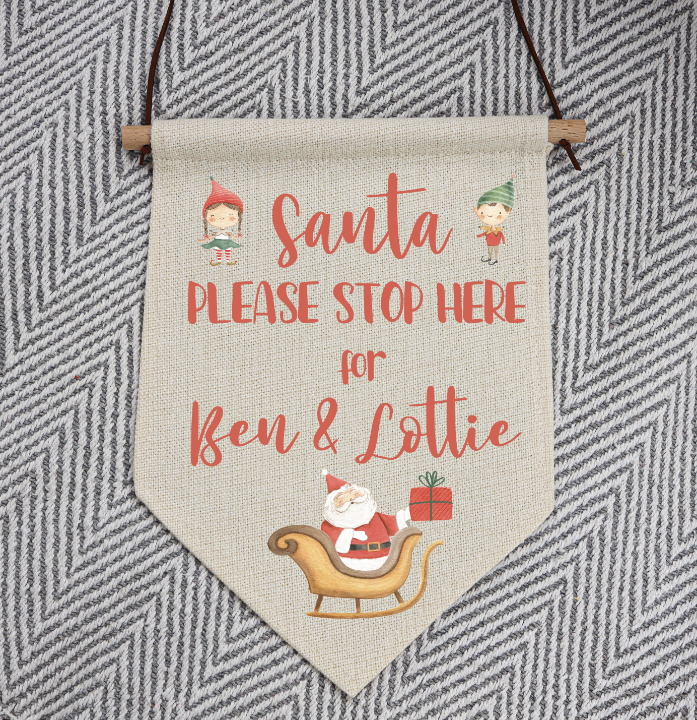 Personalised Christmas Linen Hanging Pennant | SANTA PLEASE STOP HERE