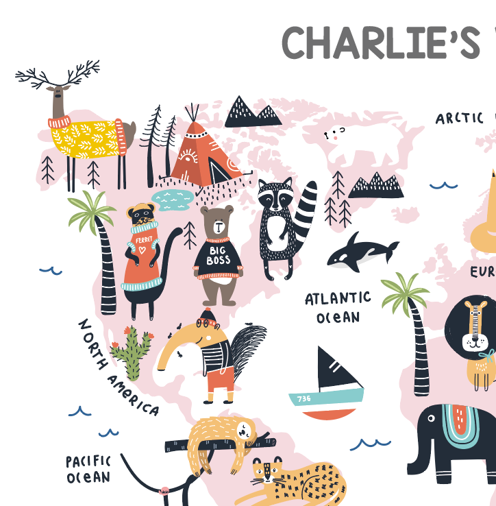 ANIMAL WORLD MAP Personalised Print