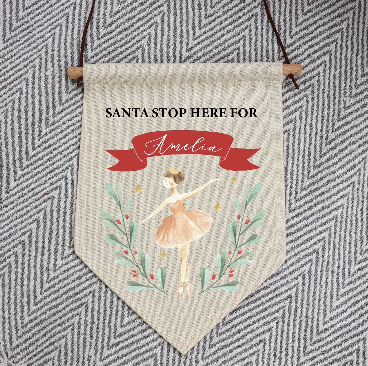 Personalised Christmas Linen Hanging Pennant | SANTA PLEASE STOP HERE Nutcracker Design