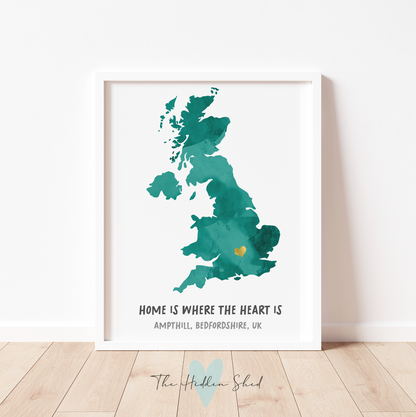 PERSONALISED 'HOME IS WHERE THE HEART IS' MAP print.