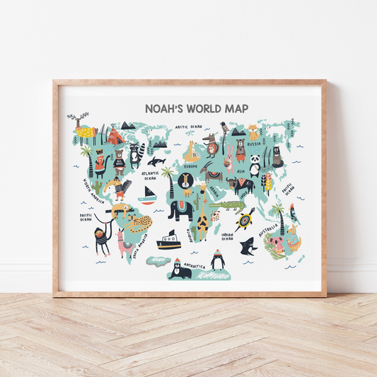 ANIMAL WORLD MAP Personalised Print